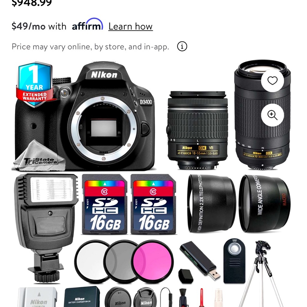 This is a NIKON D3400 camera with tons of accessories.